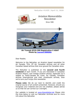 Netletter #1435 | April 11, 2020 Air Transat A310-300 Registration C