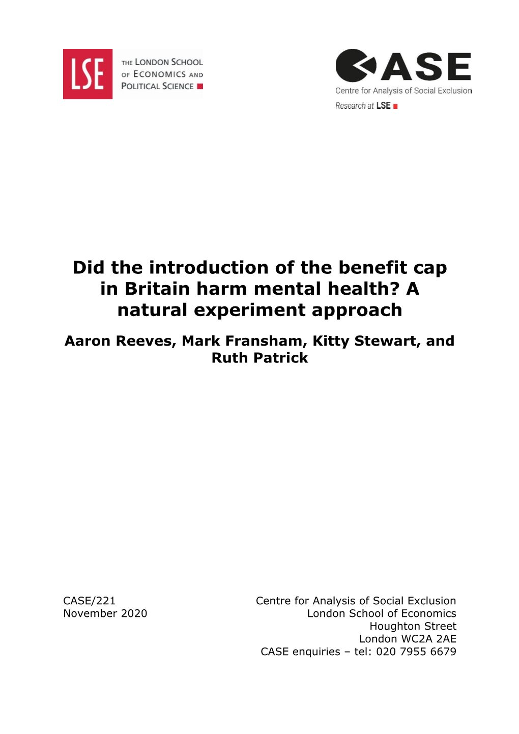 Did the Introduction of the Benefit Cap in Britain Harm Mental Health? a Natural Experiment Approach