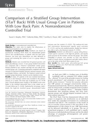 Comparison of a Stratified Group Intervention (Start Back) with Usual Group Care in Patients with Low Back Pain: a Nonrandomized Controlled Trial