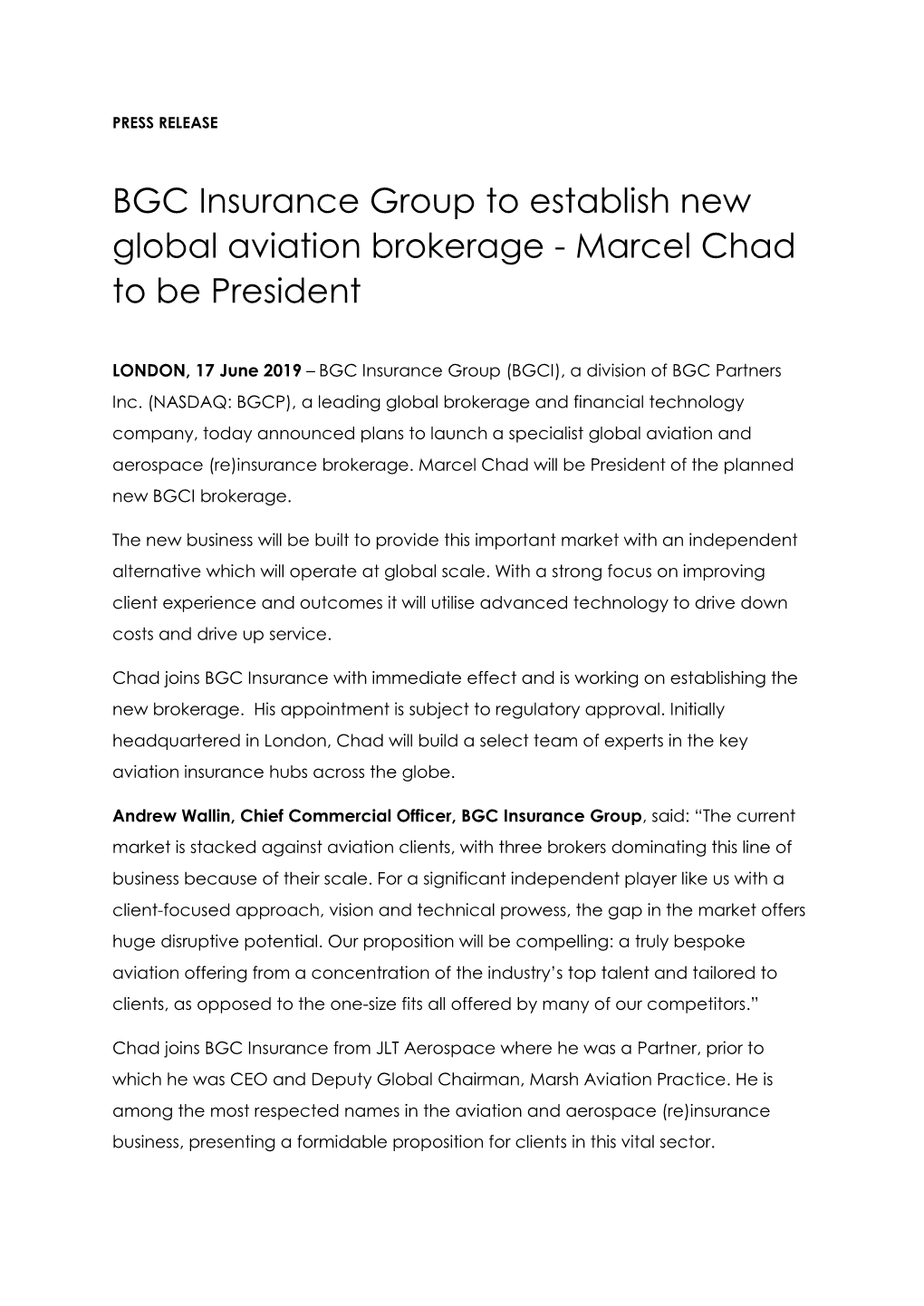 BGC Insurance Group to Establish New Global Aviation Brokerage - Marcel Chad to Be President