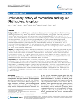 Evolutionary History of Mammalian Sucking Lice (Phthiraptera: Anoplura) Jessica E Light1,2*, Vincent S Smith3, Julie M Allen2,4, Lance a Durden5, David L Reed2
