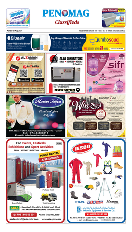 Monday 31 May 2021 to Advertise Contact: Tel: 44557 857 Or Email: Adv@Pen.Com.Qa MONDAY 31 MAY 2021 CLASSIFIEDS 17