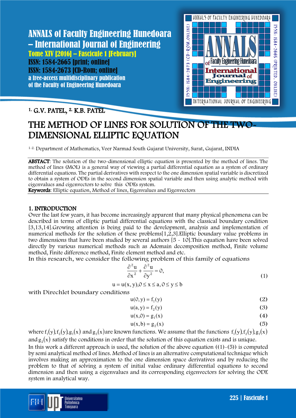 The Method of Lines for Solution of the Two- Dimensional Elliptic Equation