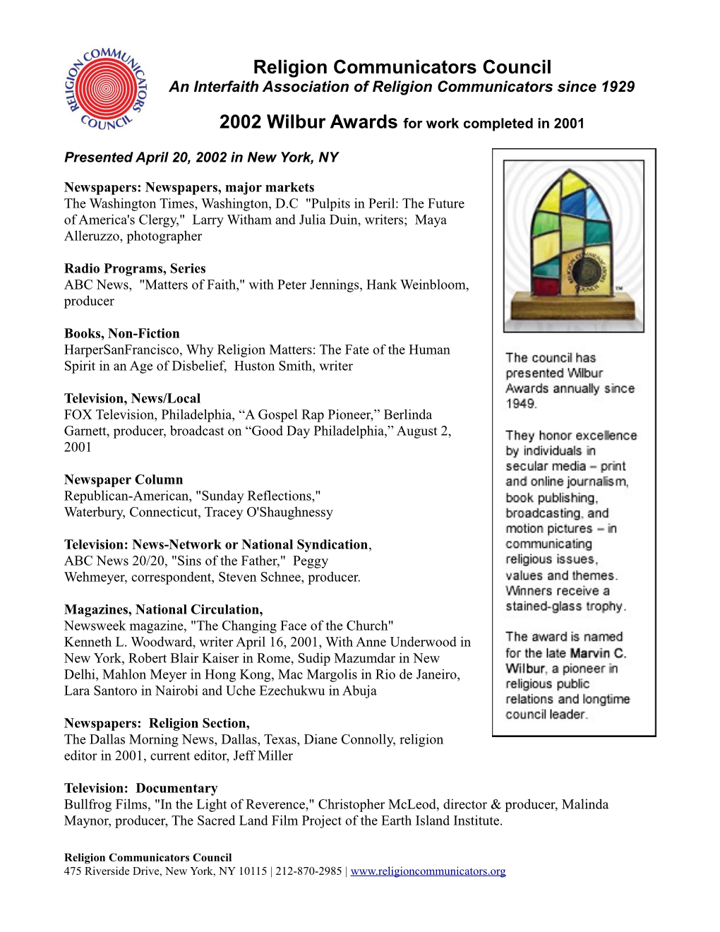 2002 Wilbur Award Winners