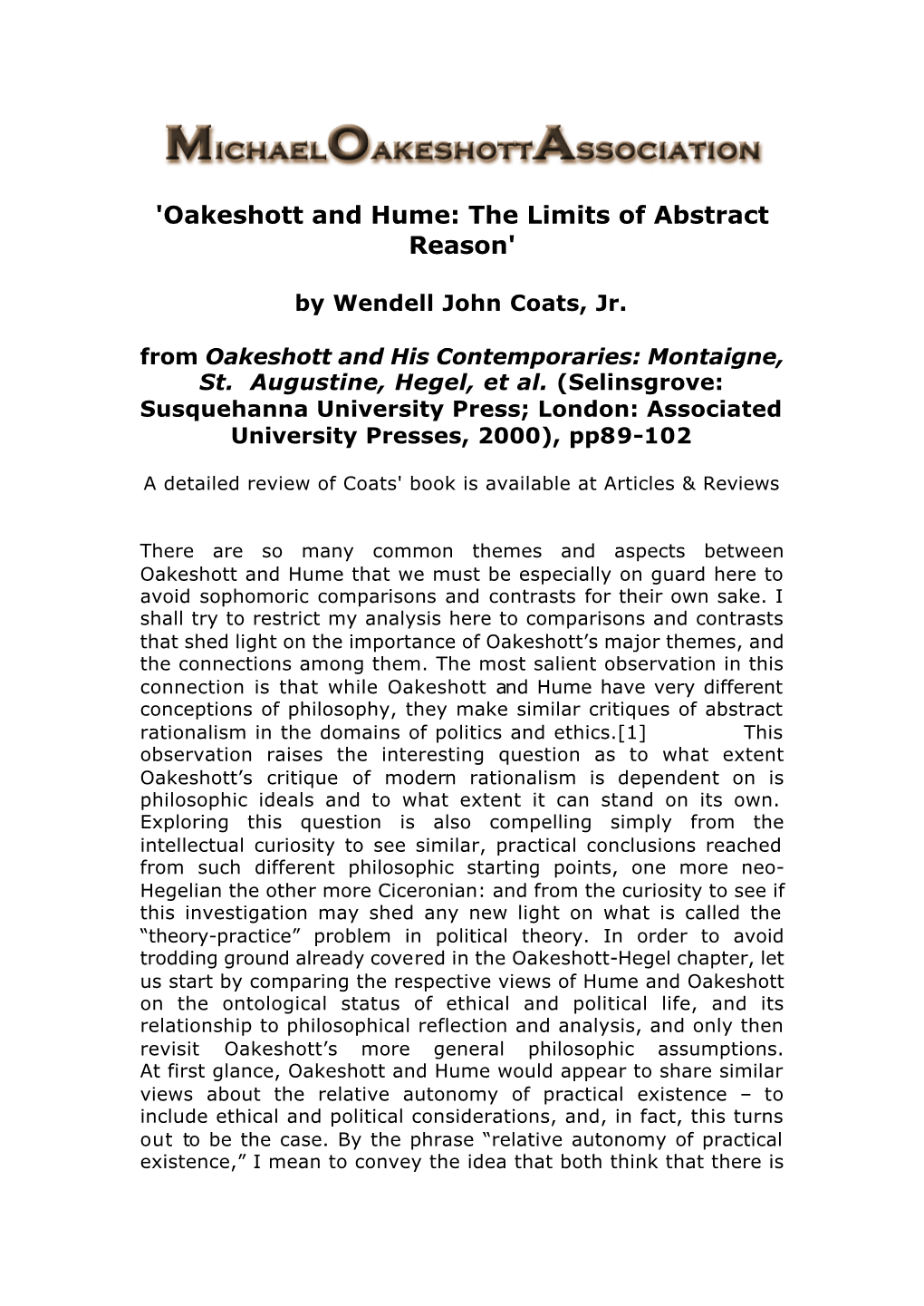 'Oakeshott and Hume: the Limits of Abstract Reason'