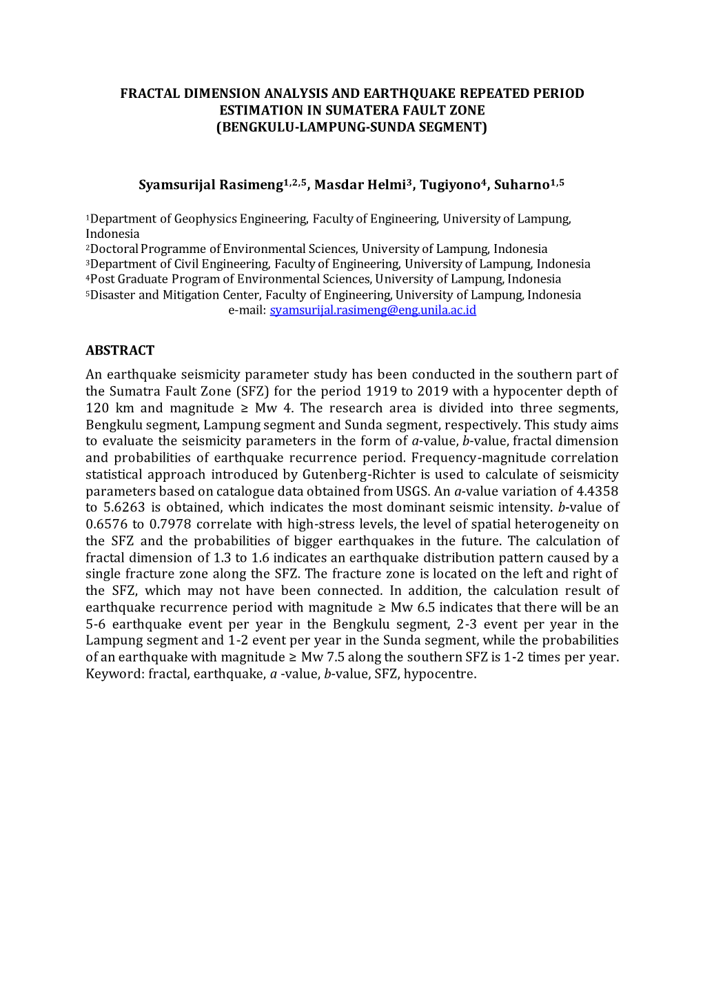 Fractal Dimension Analysis and Earthquake Repeated Period Estimation in Sumatera Fault Zone (Bengkulu-Lampung-Sunda Segment)