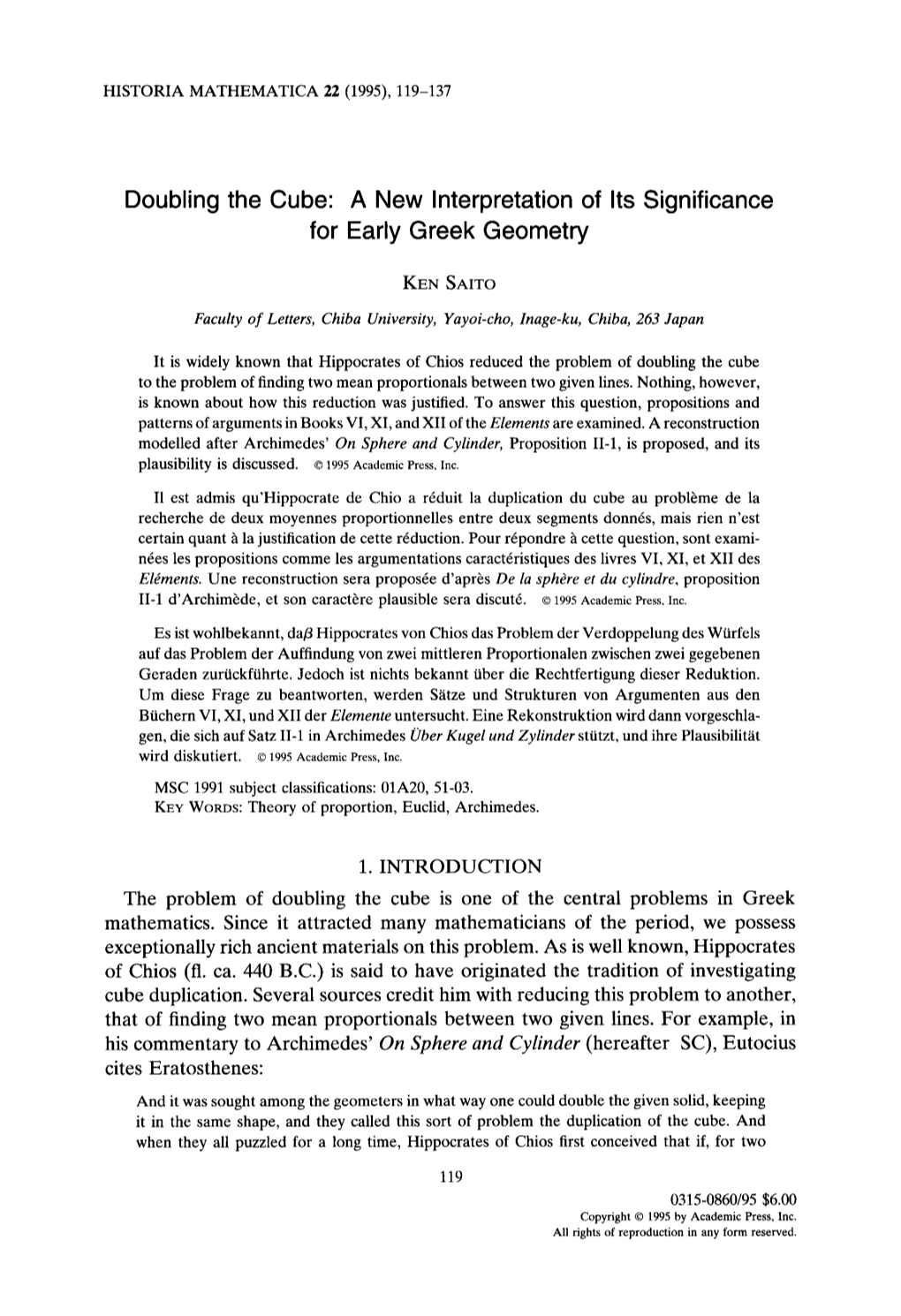 Doubling the Cube: a New Interpretation of Its Significance for Early Greek Geometry