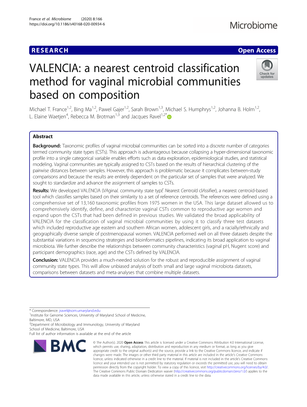 A Nearest Centroid Classification Method for Vaginal Microbial Communities Based on Composition Michael T