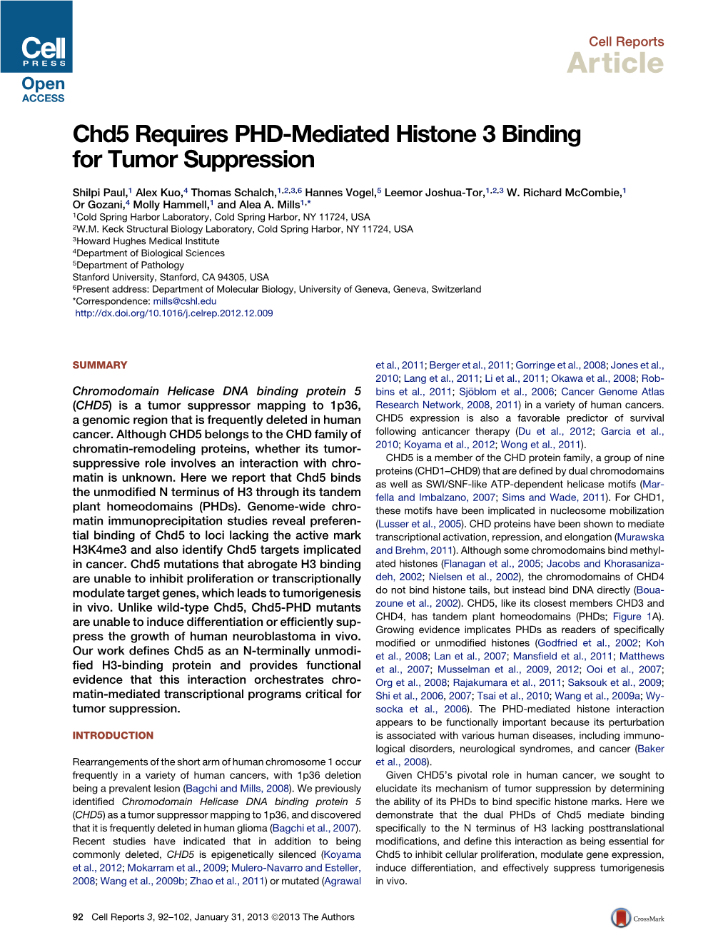 Chd5 Requires PHD-Mediated Histone 3 Binding for Tumor Suppression