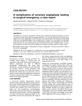 A Complication of Coronary Angioplasty Leading to Surgical Emergency: a Case Report Sandeep Kumar Kar1, Dipanwita Das2, Chaitali Sen Dasgupta3