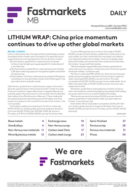 LITHIUM WRAP: China Price Momentum Continues to Drive up Other Global Markets