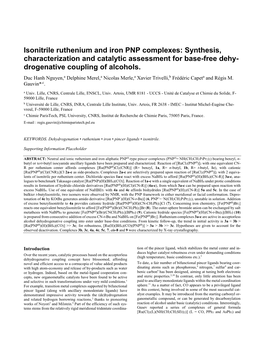 Isonitrile Ruthenium and Iron PNP Complexes: Synthesis, Characterization and Catalytic Assessment for Base-Free Dehy- Drogenative Coupling of Alcohols