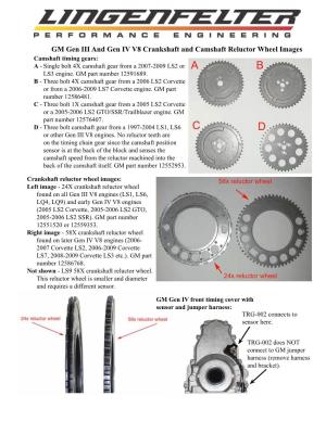 GM Gen III and Gen IV V8 Crankshaft and Camshaft Reluctor Wheel Images Camshaft Timing Gears: a - Single Bolt 4X Camshaft Gear from a 2007-2009 LS2 Or LS3 Engine