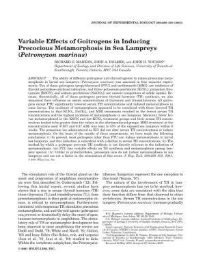 Variable Effects of Goitrogens in Inducing Precocious Metamorphosis in Sea Lampreys (Petromyzon Marinus)