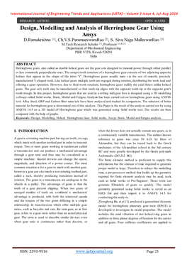 Design, Modelling and Analysis of Herringbone Gear Using Ansys D.Ramakrishna [1], Ch.V.S.Paramaeswararao [2], S