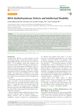 Trna Methyltransferase Defects and Intellectual Disability