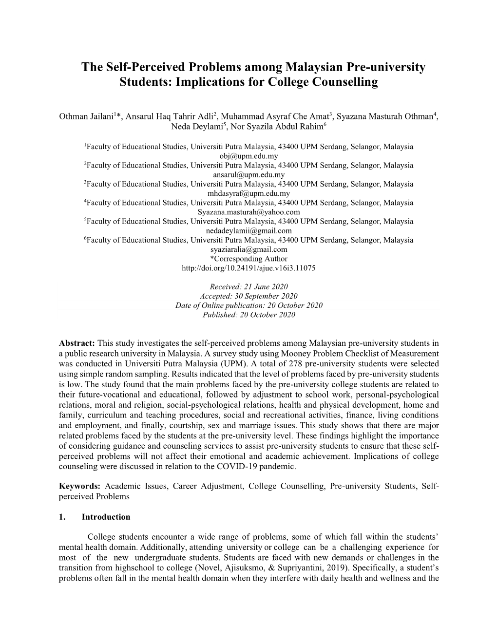 The Self-Perceived Problems Among Malaysian Pre-University Students: Implications for College Counselling