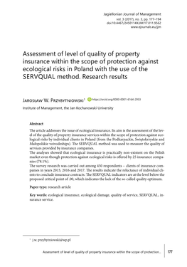 Assessment of Level of Quality of Property Insurance Within the Scope of Protection Against Ecological Risks in Poland with the Use of the SERVQUAL Method