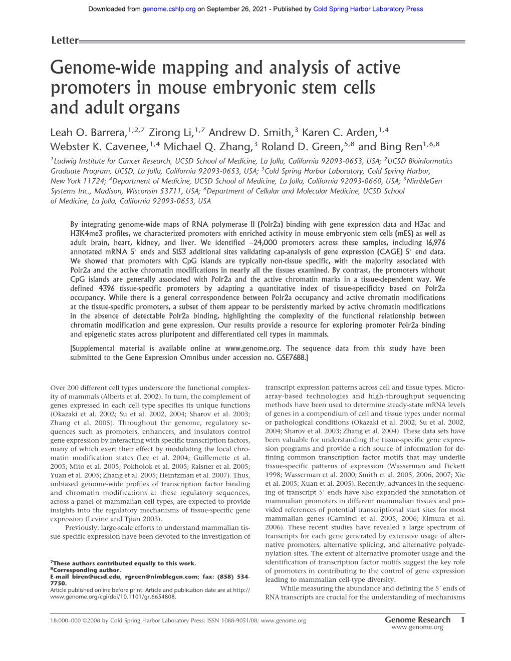 Genome-Wide Mapping and Analysis of Active Promoters in Mouse Embryonic Stem Cells and Adult Organs