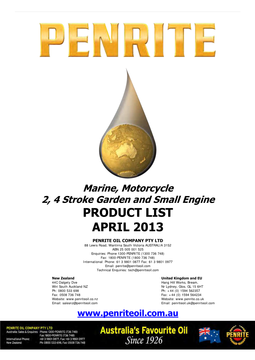 Marine, Motorcycle 2, 4 Stroke Garden and Small Engine PRODUCT LIST APRIL 2013