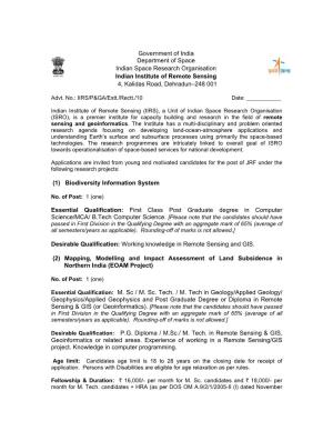 Government of India Department of Space Indian Space Research Organisation Indian Institute of Remote Sensing 4, Kalidas Road, Dehradun–248 001