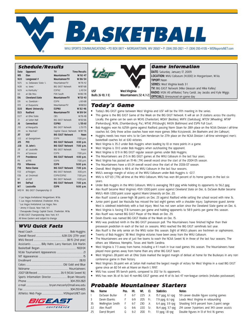 Today's Game Probable Mountaineer Starters