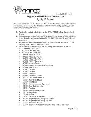 Ingredient Definitions Committee 2/12/16 Report