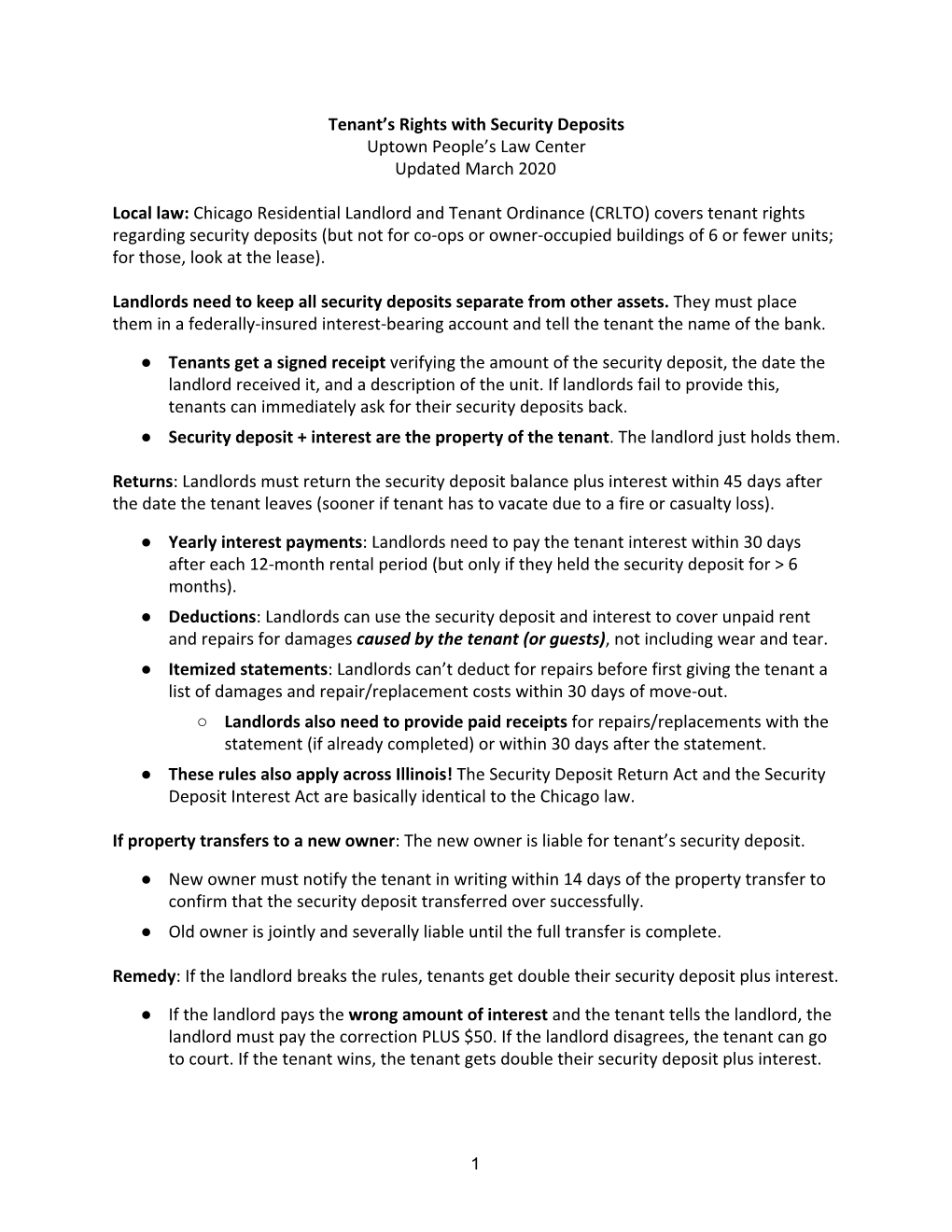 Tenant's Rights with Security Deposits Uptown People's Law Center Updated March 2020 Local Law: ​Chicago Residential Landl