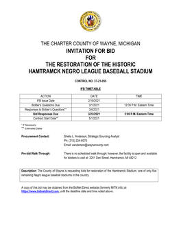 Invitation for Bid for the Restoration of the Historic Hamtramck Negro League Baseball Stadium