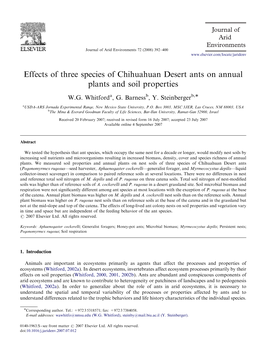 Effects of Three Species of Chihuahuan Desert Ants on Annual Plants and Soil Properties