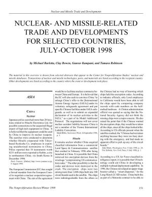 Nuclear and Missile Trade and Developments NUCLEAR- and MISSILE-RELATED TRADE and DEVELOPMENTS for SELECTED COUNTRIES, JULY-OCTOBER 1998