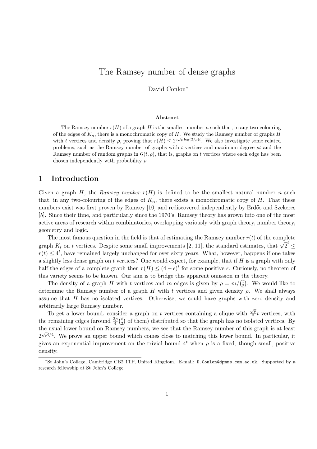 The Ramsey Number of Dense Graphs