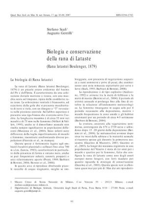 Biologia E Conservazione Della Rana Di Lataste (Rana Latastei Boulenger, 1879)