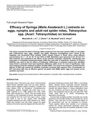 Extracts on Eggs, Nymphs and Adult Red Spider Mites, Tetranychus Spp. (Acari: Tetranychidae) on Tomatoes