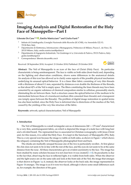 Imaging Analysis and Digital Restoration of the Holy Face of Manoppello—Part I