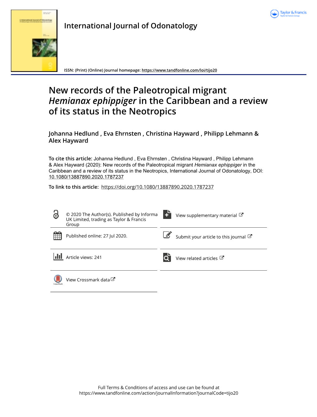 New Records of the Paleotropical Migrant Hemianax Ephippiger in the Caribbean and a Review of Its Status in the Neotropics
