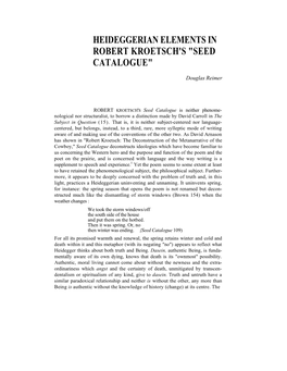 Heideggerian Elements in Robert Kroetsch's "Seed Catalogue"