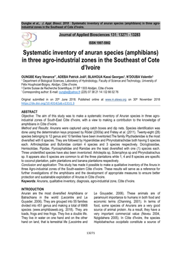 Systematic Inventory of Anuran Species (Amphibians) in Three Agro- Industrial Zones in the Southeast of Cote D’Ivoire