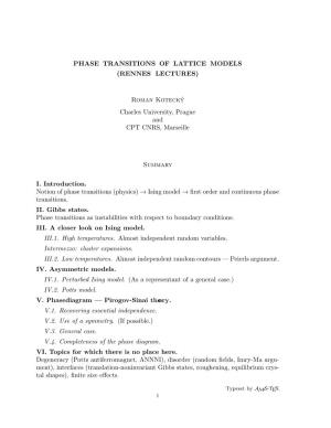 Phase Transitions of Lattice Models (Rennes Lectures)