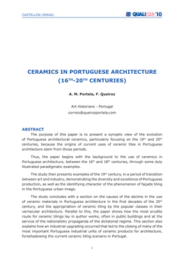 Ceramics in Portuguese Architecture (16Th-20Th Centuries)