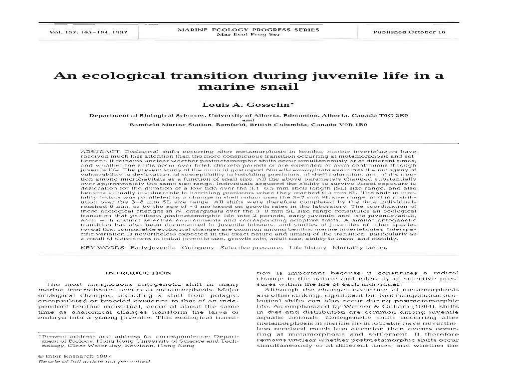 An Ecological Transition During Juvenile Life in a Marine Snail