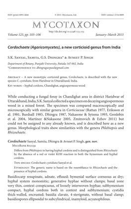 &lt;I&gt;Cordochaete (Agaricomycetes),&lt;/I&gt; a New Corticioid Genus from India