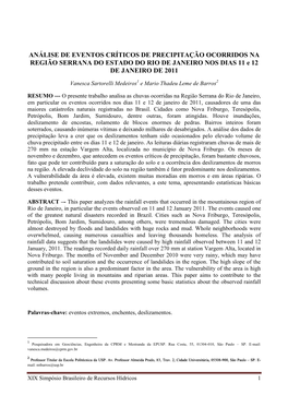 ANÁLISE DE EVENTOS CRÍTICOS DE PRECIPITAÇÃO OCORRIDOS NA REGIÃO SERRANA DO ESTADO DO RIO DE JANEIRO NOS DIAS 11 E 12 DE JANEIRO DE 2011