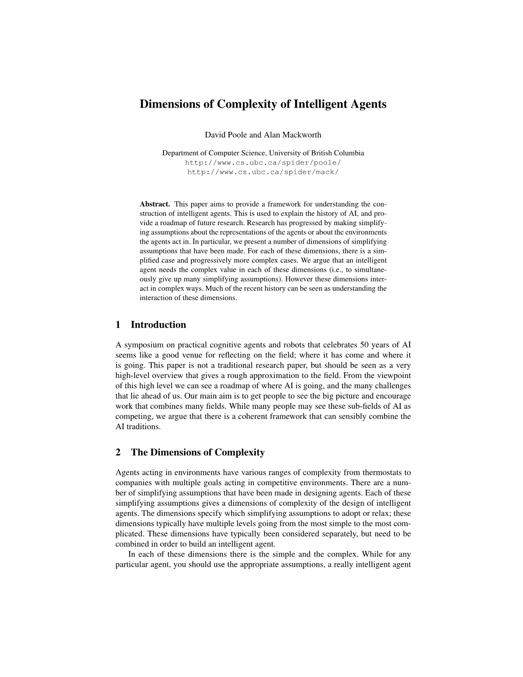 Dimensions of Complexity of Intelligent Agents