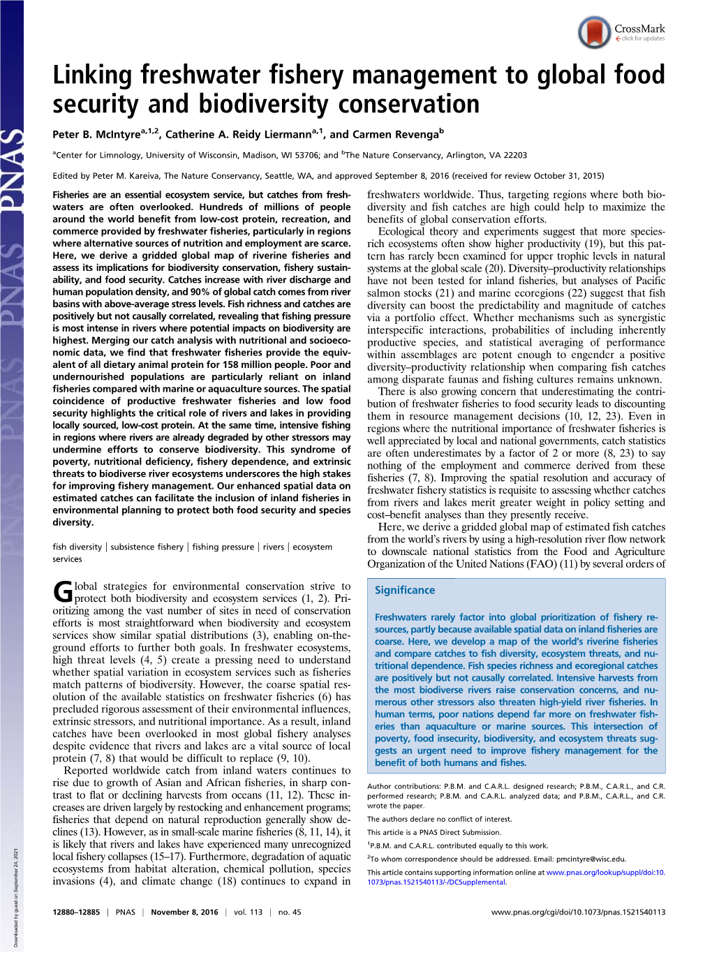 Linking Freshwater Fishery Management to Global Food Security and Biodiversity Conservation