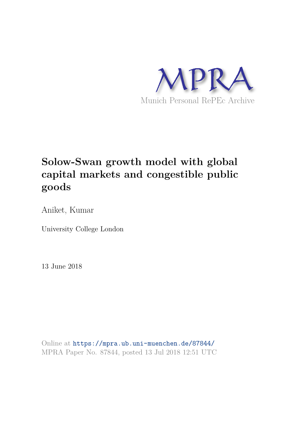 Solow-Swan Growth Model with Global Capital Markets and Congestible Public Goods