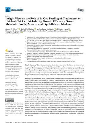 Insight View on the Role of in Ovo Feeding of Clenbuterol on Hatched Chicks: Hatchability, Growth Efﬁciency, Serum Metabolic Proﬁle, Muscle, and Lipid-Related Markers
