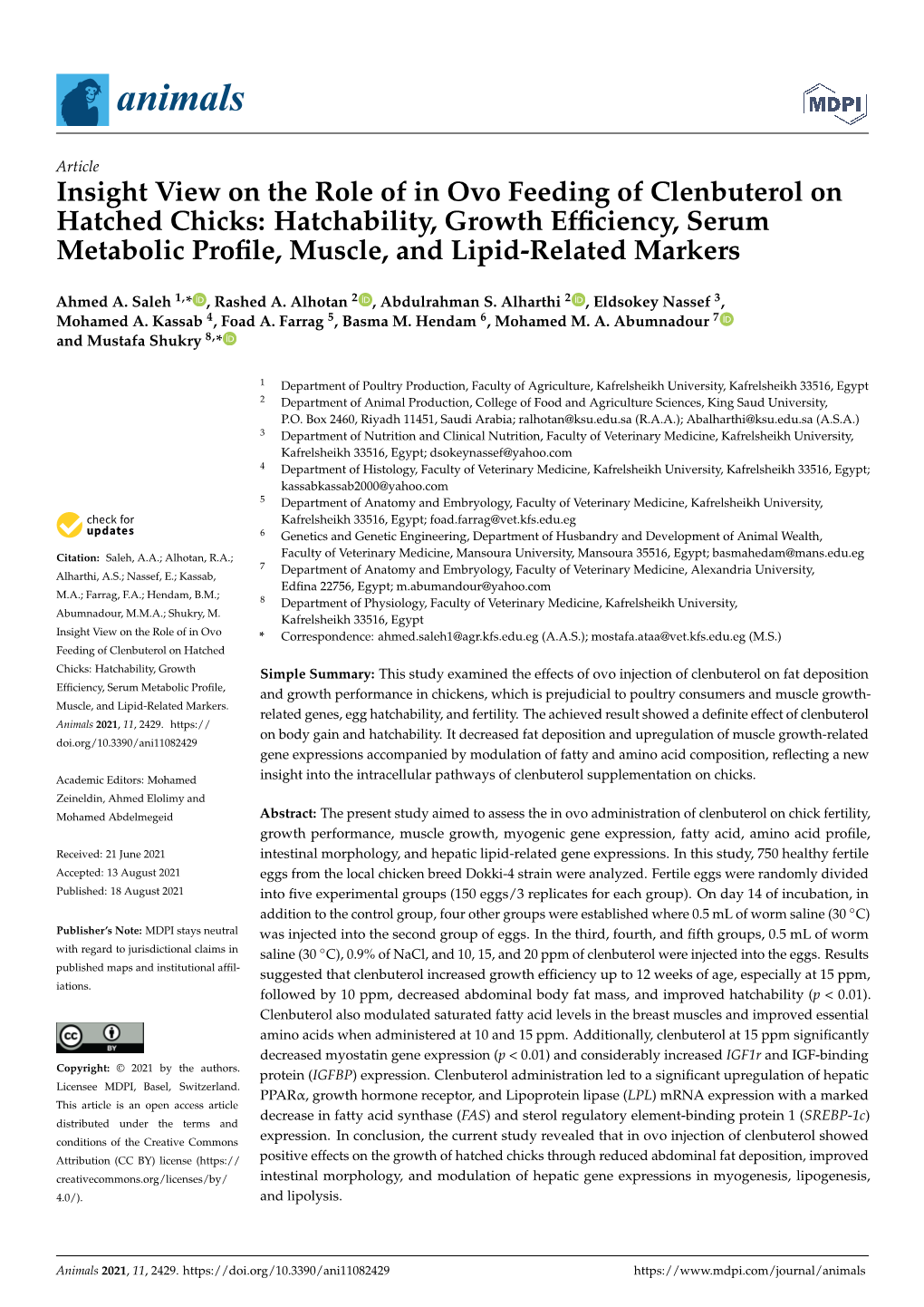 Insight View on the Role of in Ovo Feeding of Clenbuterol on Hatched ...