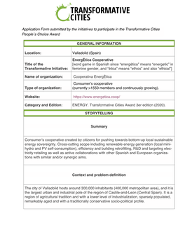 Application Form Submitted by the Initiatives to Participate in the Transformative Cities People`S Choice Award