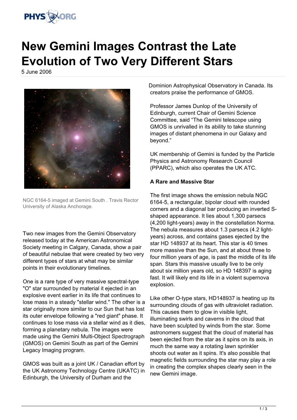 New Gemini Images Contrast the Late Evolution of Two Very Different Stars 5 June 2006